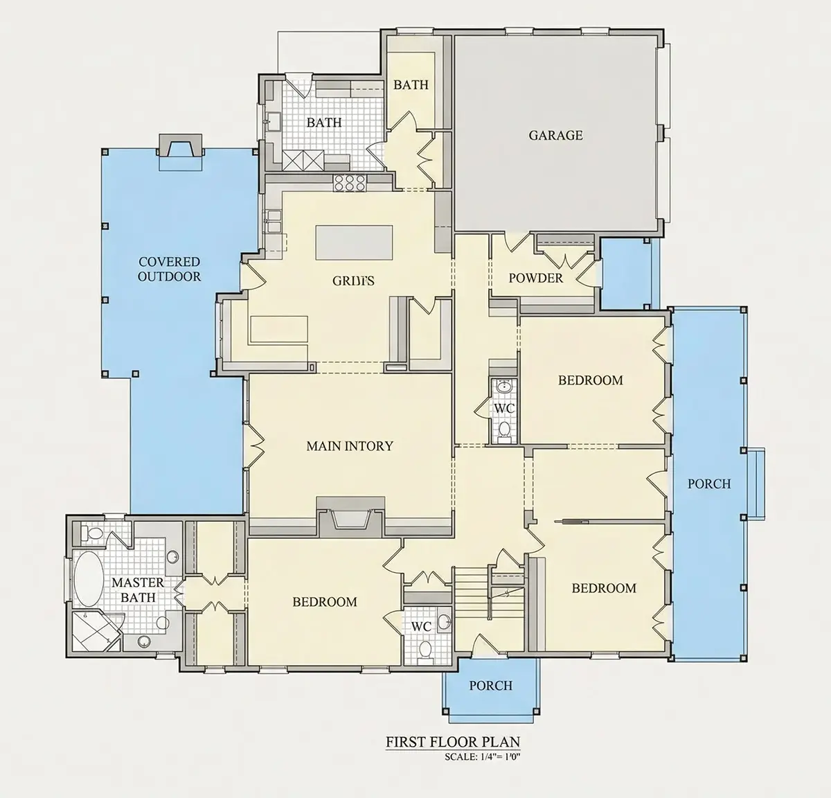 Pirmas Aukštas 10 – Dviejų aukštų namo projektas 565 m²: 6 Miegamieji, 7 Vonios, Garažas — 25088R