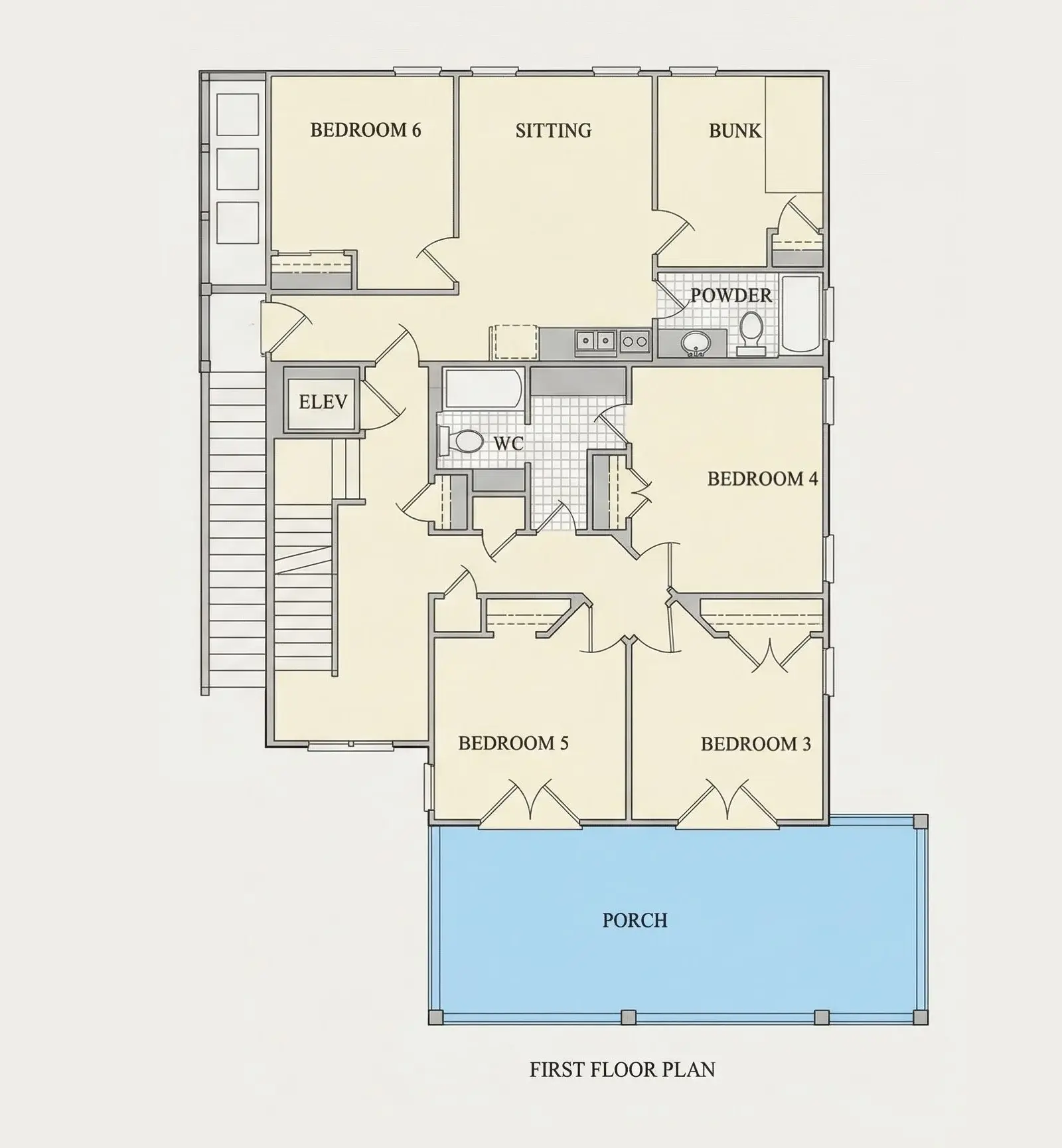Pirmas Aukštas 8 – Trijų aukštų namo projektas 567 m²: 6 Miegamieji, Darbo kambarys, 4 Vonios, Atvira virtuvė, Garažas — 55440R