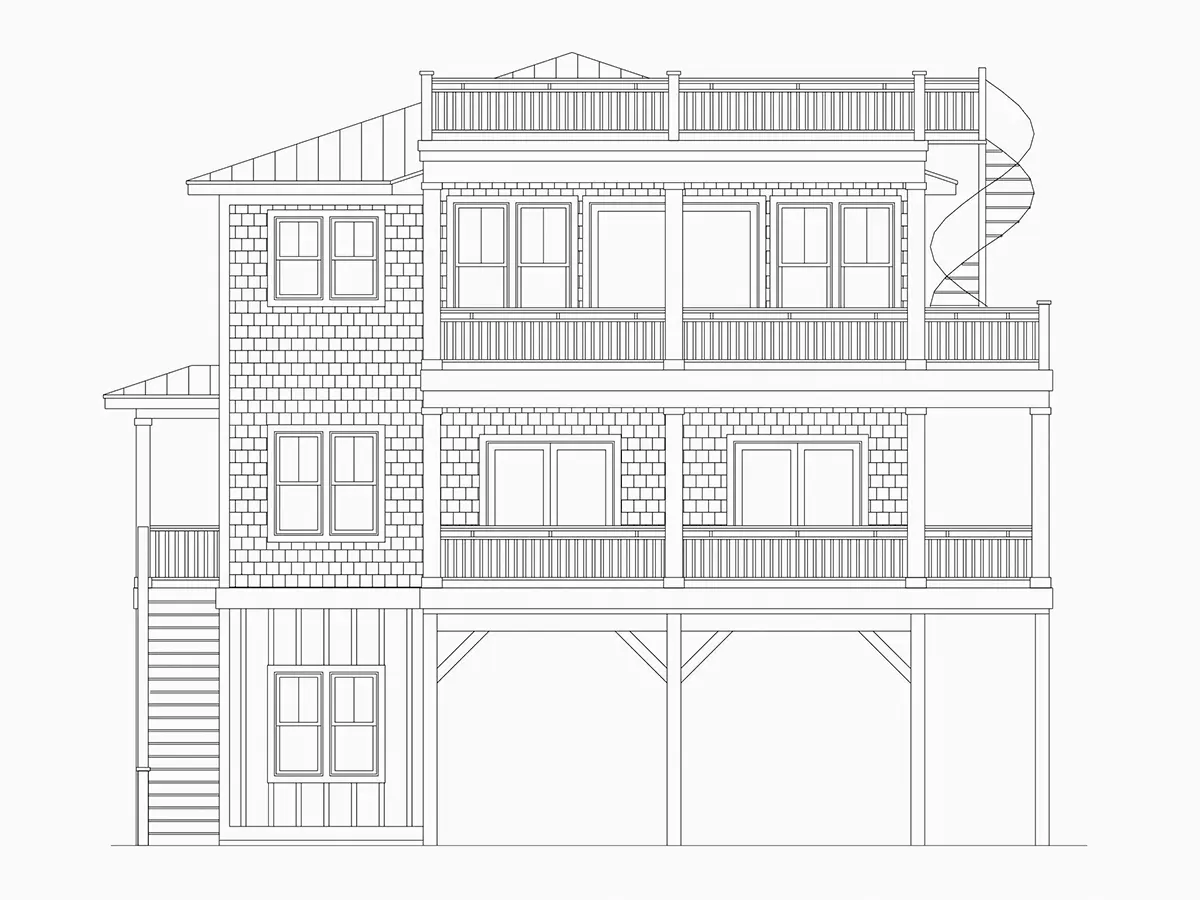 Fasadai 5 – Trijų aukštų namo projektas 567 m²: 6 Miegamieji, Darbo kambarys, 4 Vonios, Atvira virtuvė, Garažas — 55440R
