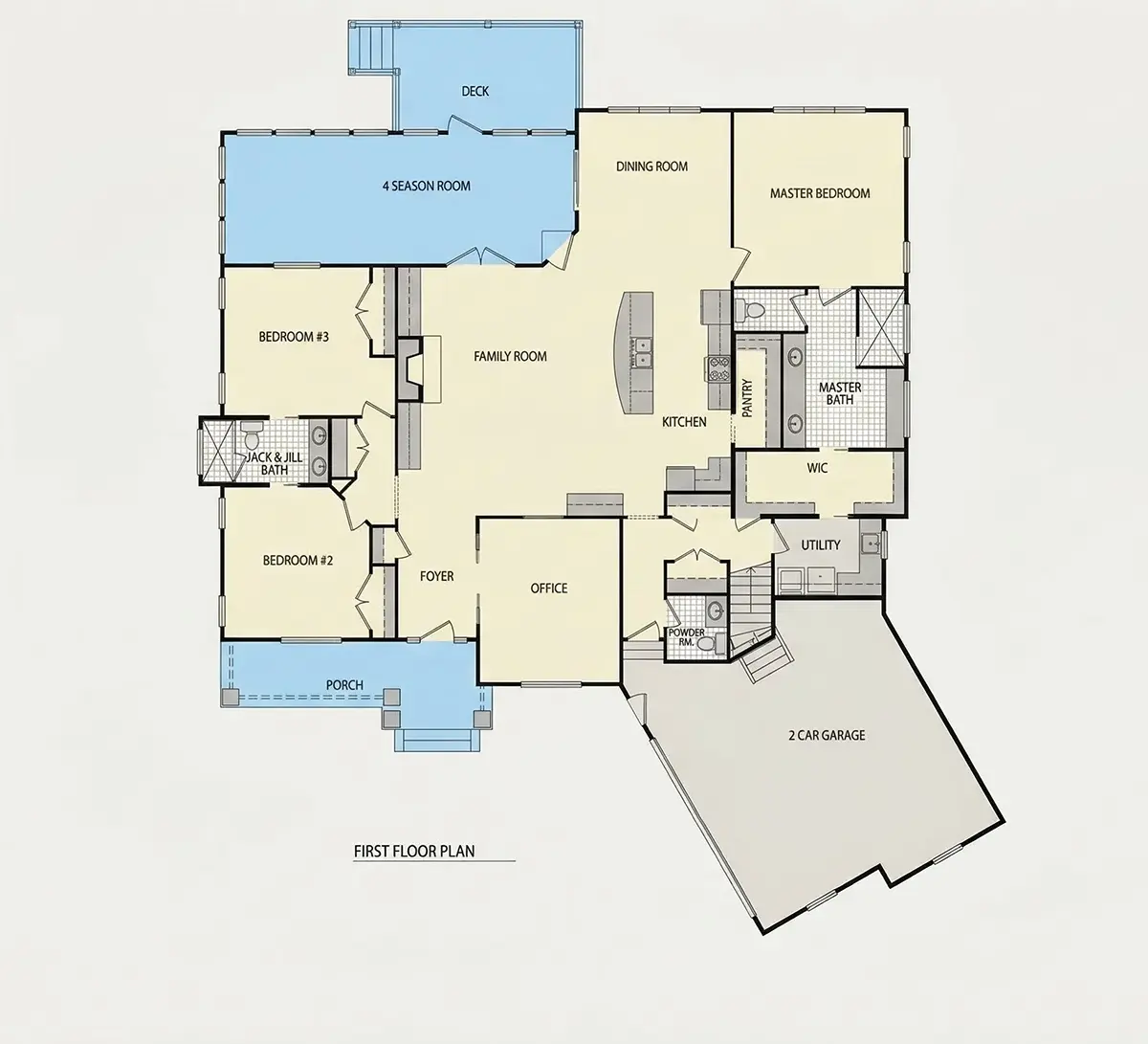 Pirmas Aukštas 25 – Namo projektas su mansarda 351 m²: 3 Miegamieji, Darbo kambarys, 4 Vonios, Atvira virtuvė, Garažas — 29718R