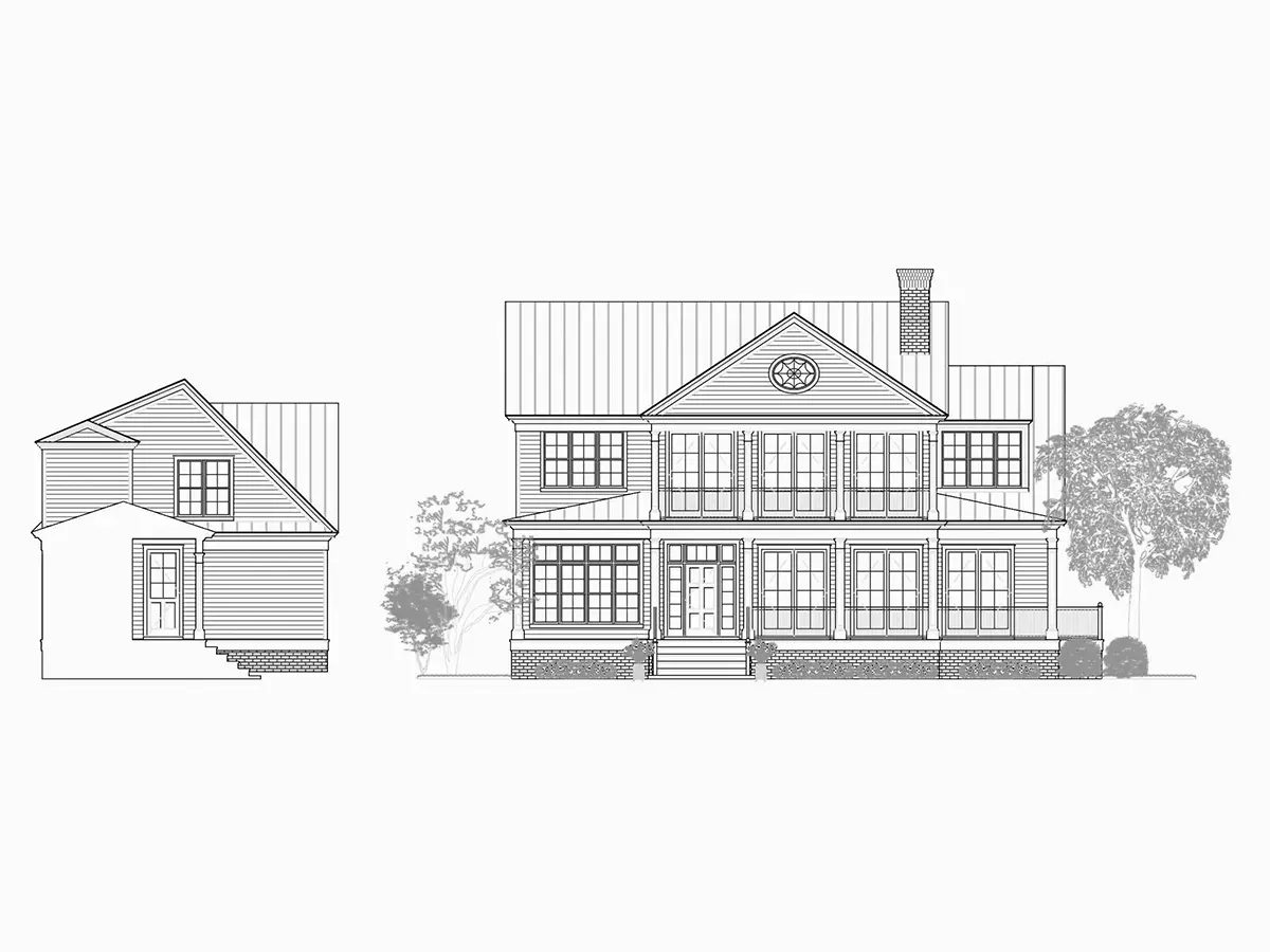 Fasadai 5 – Dviejų aukštų namo projektas 466 m²: 4 Miegamieji, Darbo kambarys, 6 Vonios, Atvira virtuvė, Garažas — 10656R