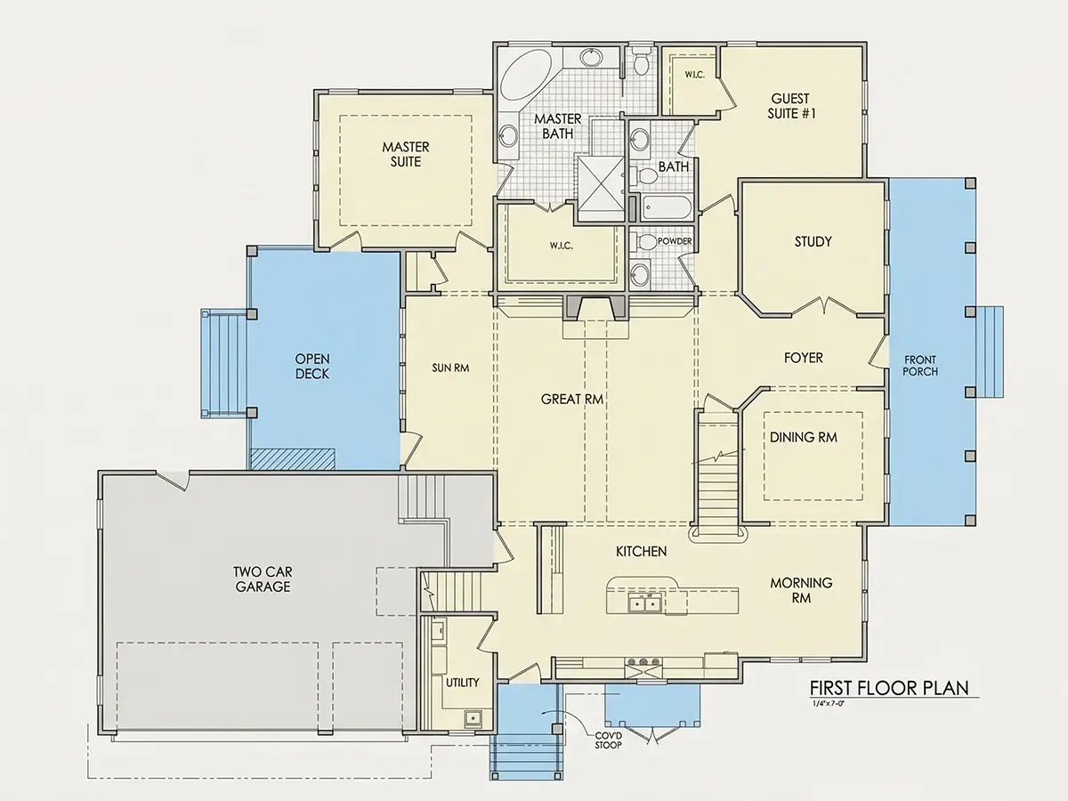Pirmas Aukštas 10 – Namo projektas su mansarda 299 m²: 4 Miegamieji, Darbo kambarys, 4 Vonios, Atvira virtuvė, Garažas — 28129R