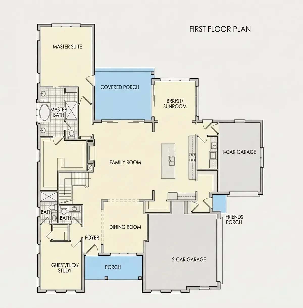 Pirmas Aukštas 26 – Dviejų aukštų namo projektas 391 m²: 5 Miegamieji, 6 Vonios, Atvira virtuvė, Garažas — 11740R