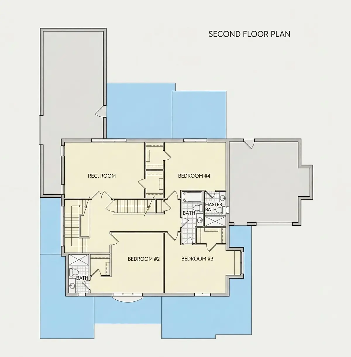 Antras Aukštas 27 – Dviejų aukštų namo projektas 391 m²: 5 Miegamieji, 6 Vonios, Atvira virtuvė, Garažas — 11740R