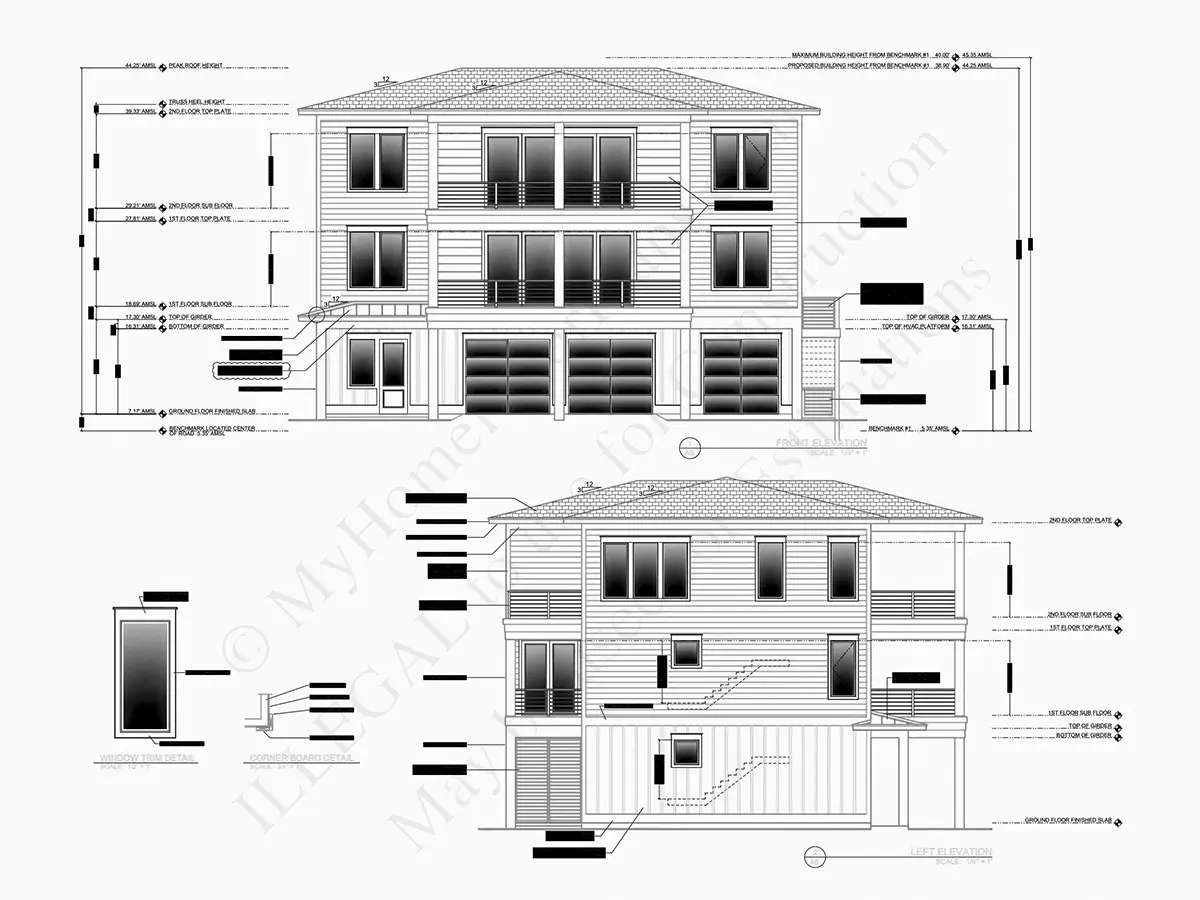 Fasadai 7 – Trijų aukštų namo projektas 322 m²: 5 Miegamieji, 4 Vonios, Atvira virtuvė, Garažas — 63179R