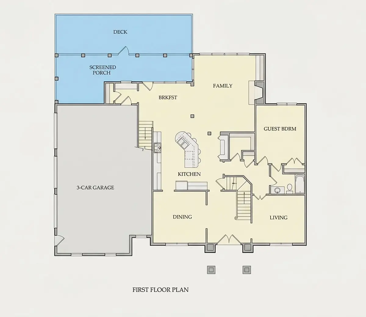 Pirmas Aukštas 29 – Dviejų aukštų namo projektas 234 m²: 4 Miegamieji, Darbo kambarys, 3 Vonios, Atvira virtuvė, Garažas — 20216R