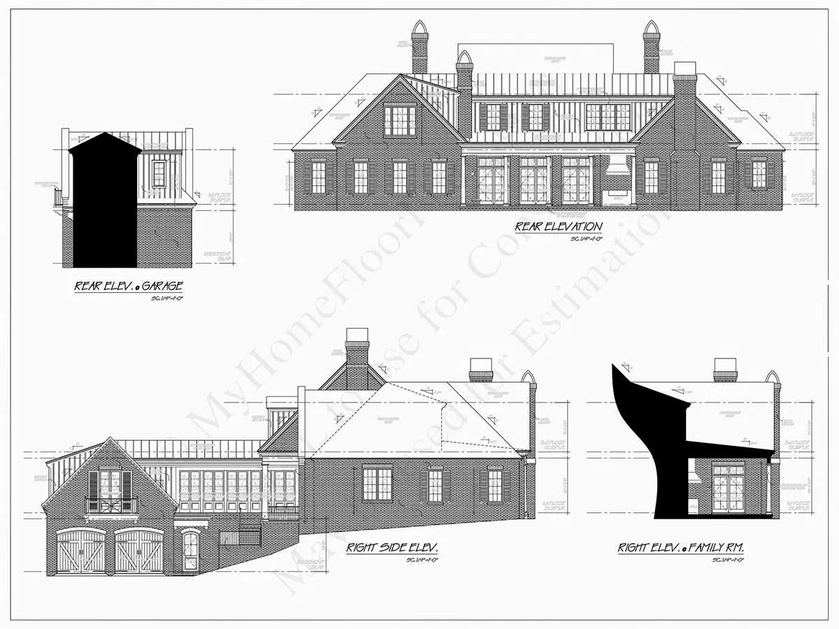 Fasadai 8 – Namo projektas su mansarda + rūsiu 456 m²: 4 Miegamieji, 6 Vonios, Atvira virtuvė, Garažas — 81789R