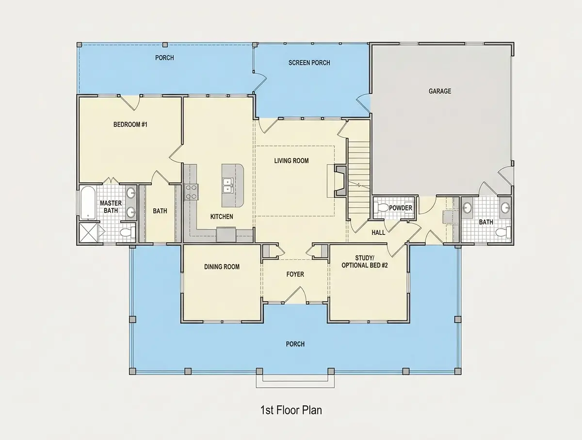 Pirmas Aukštas 9 – Dviejų aukštų namo projektas 184 m²: 3 Miegamieji, Darbo kambarys, 4 Vonios, Atvira virtuvė, Garažas — 71974R