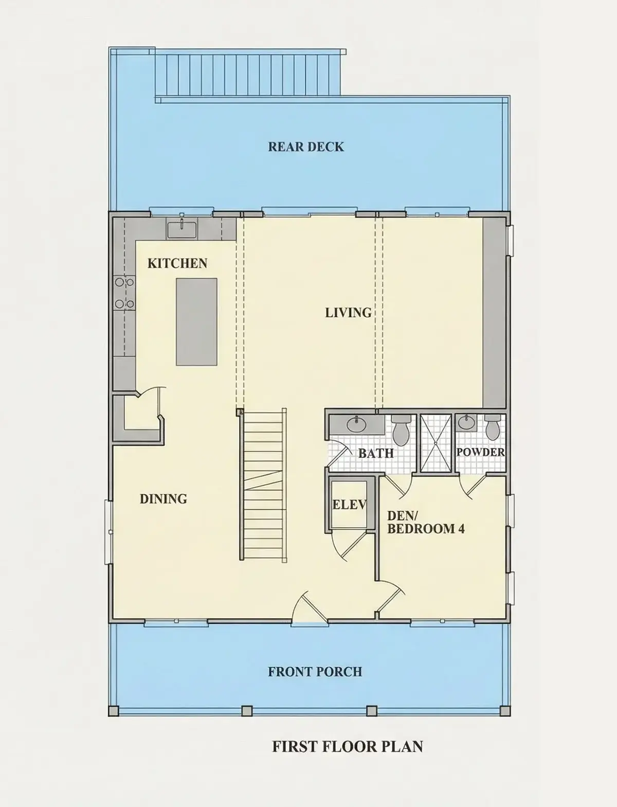 Pirmas Aukštas 8 – Trijų aukštų namo projektas 253 m²: 4 Miegamieji, 4 Vonios, Atvira virtuvė, be Garažo — 32819R