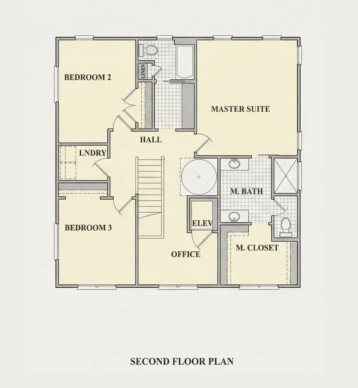 Antras Aukštas 9 – Trijų aukštų namo projektas 253 m²: 4 Miegamieji, 4 Vonios, Atvira virtuvė, be Garažo — 32819R