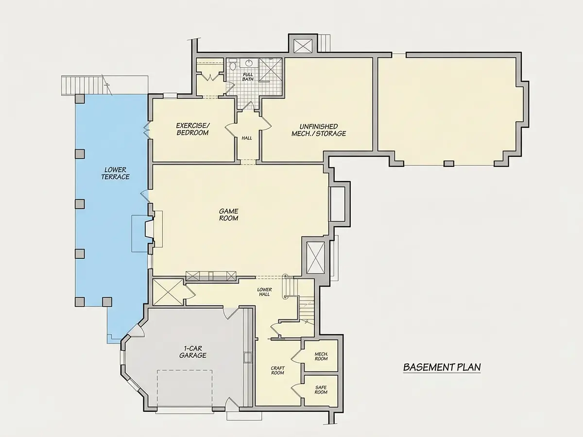 Rūsys 9 – Namo projektas su mansarda + rūsiu 422 m²: 3 Miegamieji, Darbo kambarys, 5 Vonios, Atvira virtuvė, Garažas — 77707R