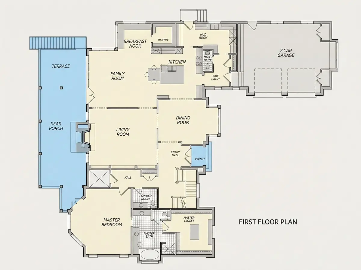 Pirmas Aukštas 10 – Namo projektas su mansarda + rūsiu 422 m²: 3 Miegamieji, Darbo kambarys, 5 Vonios, Atvira virtuvė, Garažas — 77707R