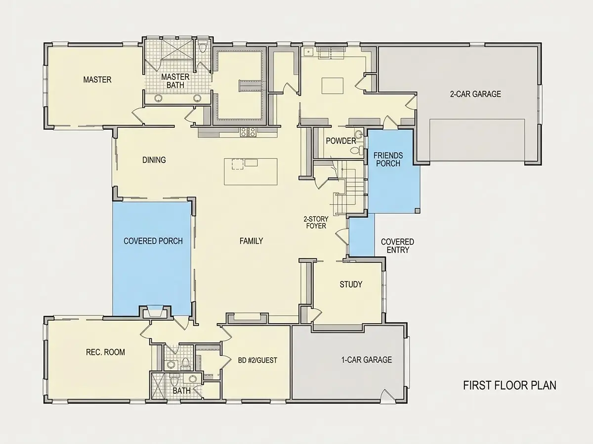Pirmas Aukštas 23 – Namo projektas su mansarda 399 m²: 5 Miegamieji, Darbo kambarys, 7 Vonios, Atvira virtuvė, Garažas — 33241R
