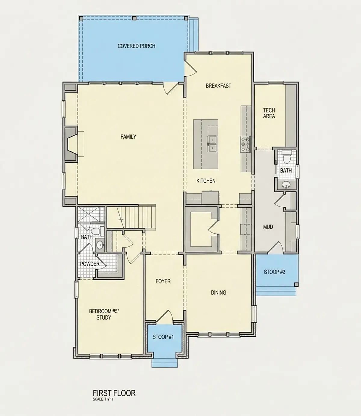 Pirmas Aukštas 21 – Dviejų aukštų namo projektas 409 m², 5 Miegamieji — 30387R