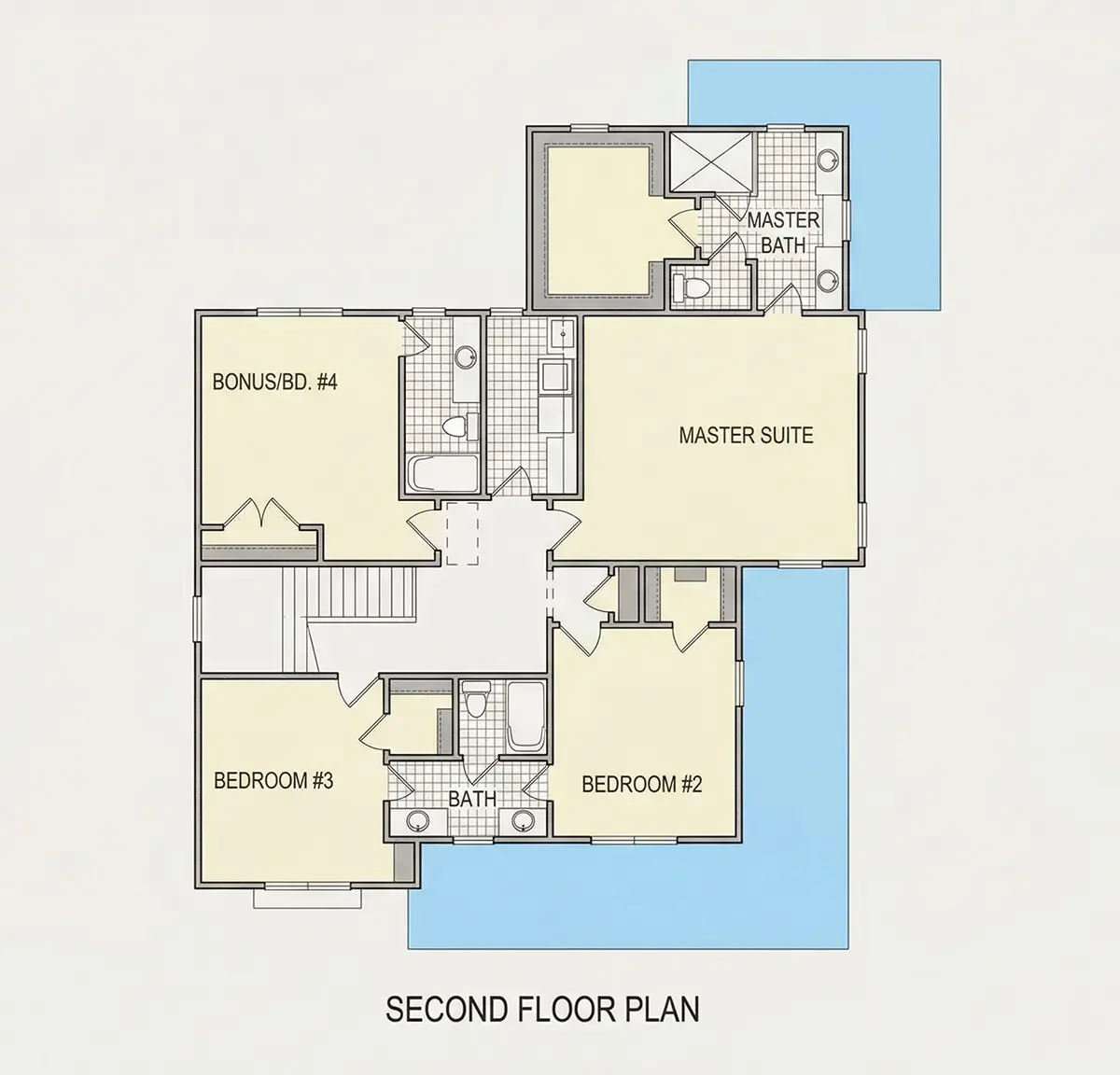 Antras Aukštas 10 – Dviejų aukštų namo projektas 164 m²: 5 Miegamieji, 5 Vonios, Atvira virtuvė, be Garažo — 44546R