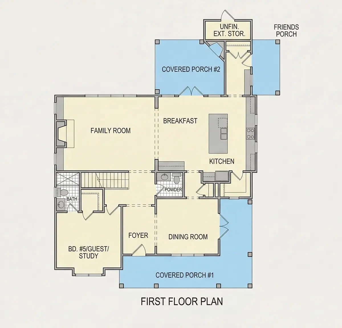 Pirmas Aukštas 9 – Dviejų aukštų namo projektas 164 m²: 5 Miegamieji, 5 Vonios, Atvira virtuvė, be Garažo — 44546R