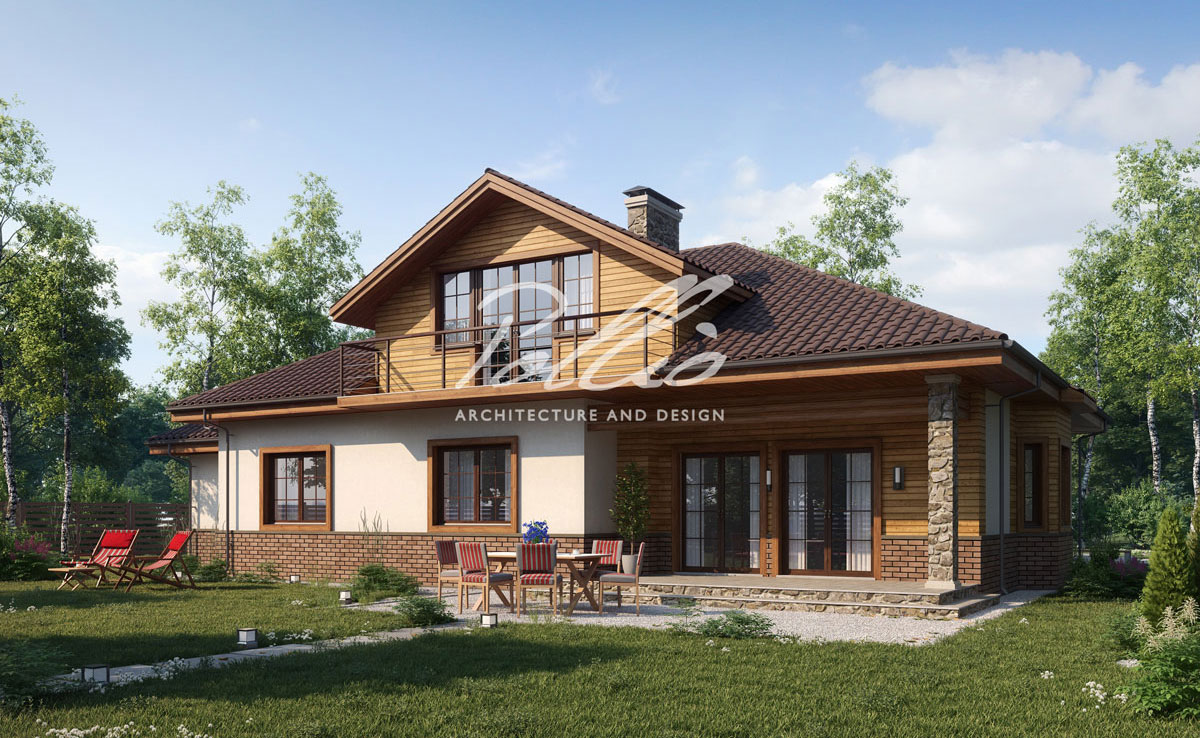 Namo projektas su mansarda 268 m² su 2 miegamaisiais, 2 voniomis ir namų kino sale