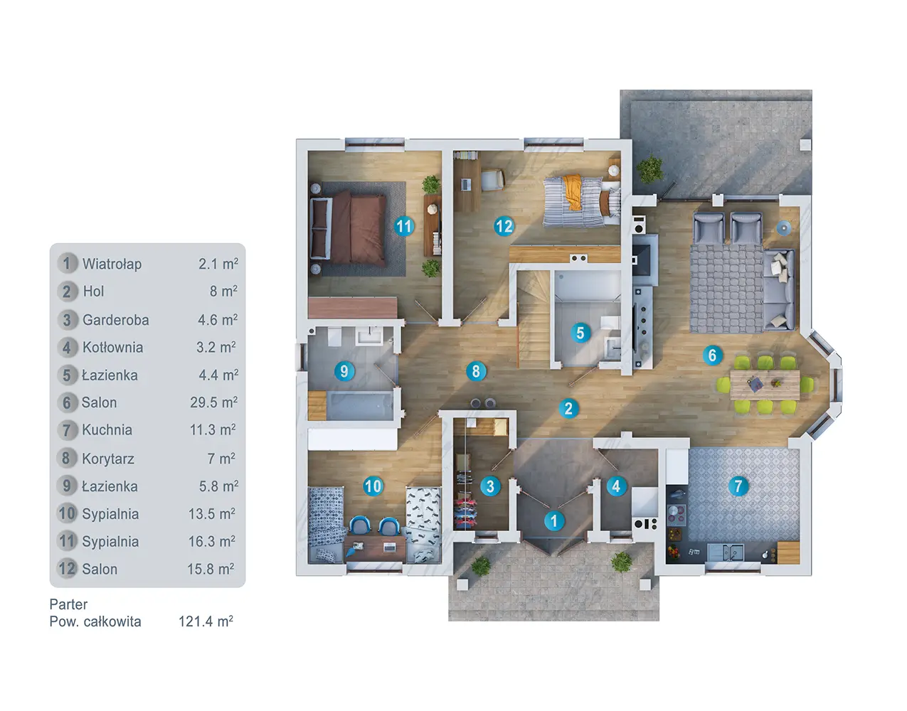 Namo projektas su mansarda 164 m²: 4 Miegamieji, Darbo kambarys, 3 Vonios, Atvira virtuvė, be Garažo