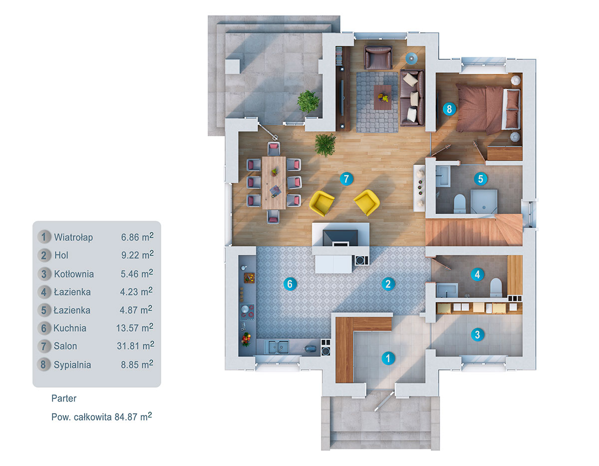 Namo projektas su mansarda 170 m²: 4 Miegamieji, 4 Vonios, Atvira virtuvė, be Garažo