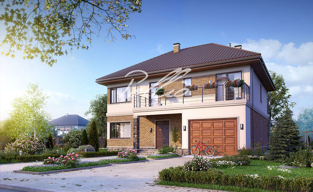 Dviejų aukštų namo projektas 245 m²: 3 Miegamieji, Darbo kambarys, 3 Vonios, Atvira virtuvė, Garažas