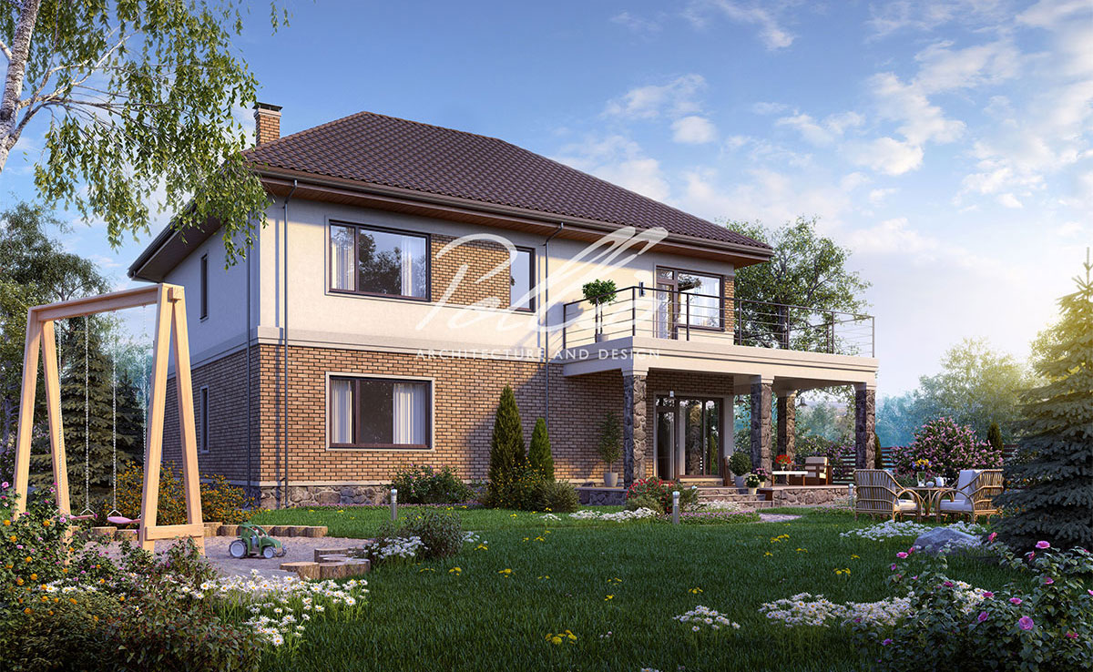 Dviejų aukštų namo projektas 245 m²: 3 Miegamieji, Darbo kambarys, 3 Vonios, Atvira virtuvė, Garažas