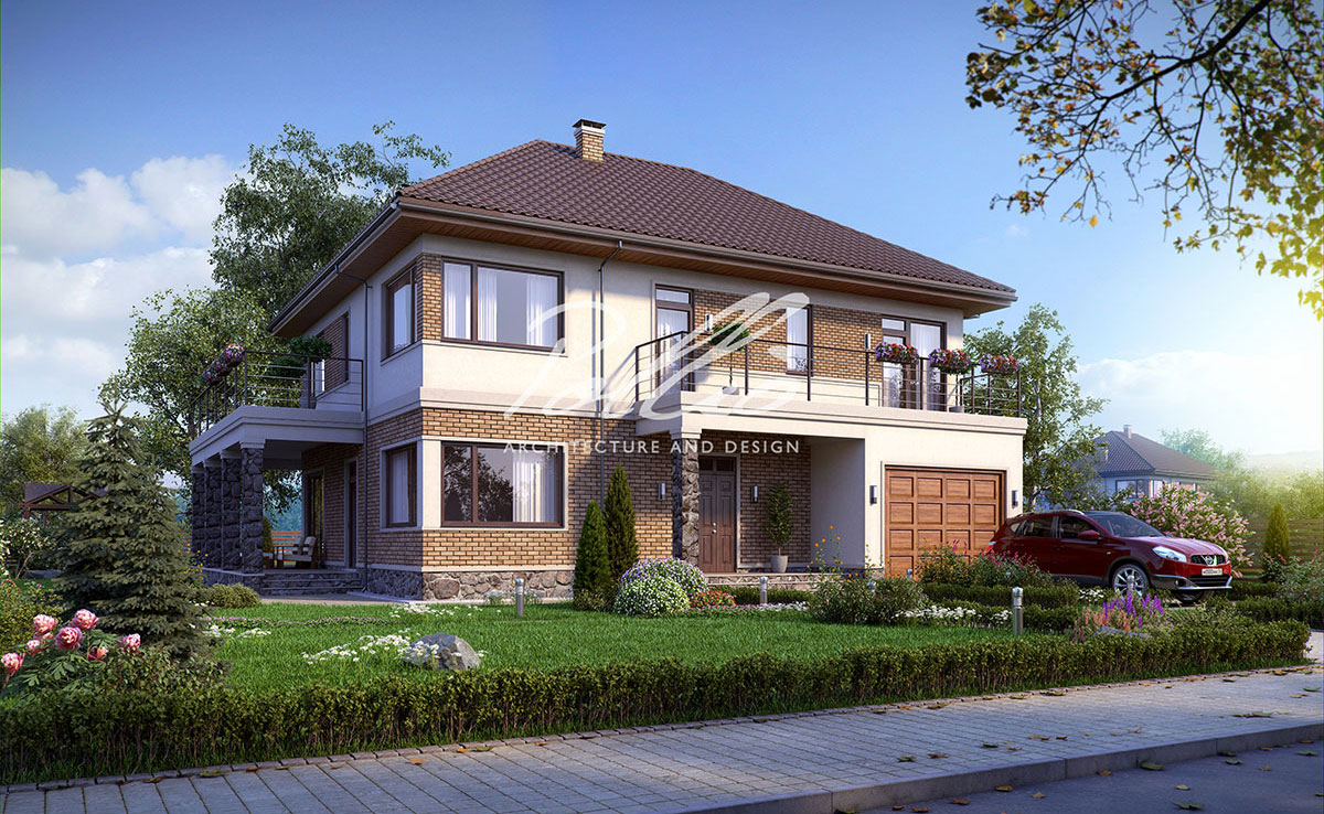 Dviejų aukštų namo projektas 245 m²: 3 Miegamieji, Darbo kambarys, 3 Vonios, Atvira virtuvė, Garažas