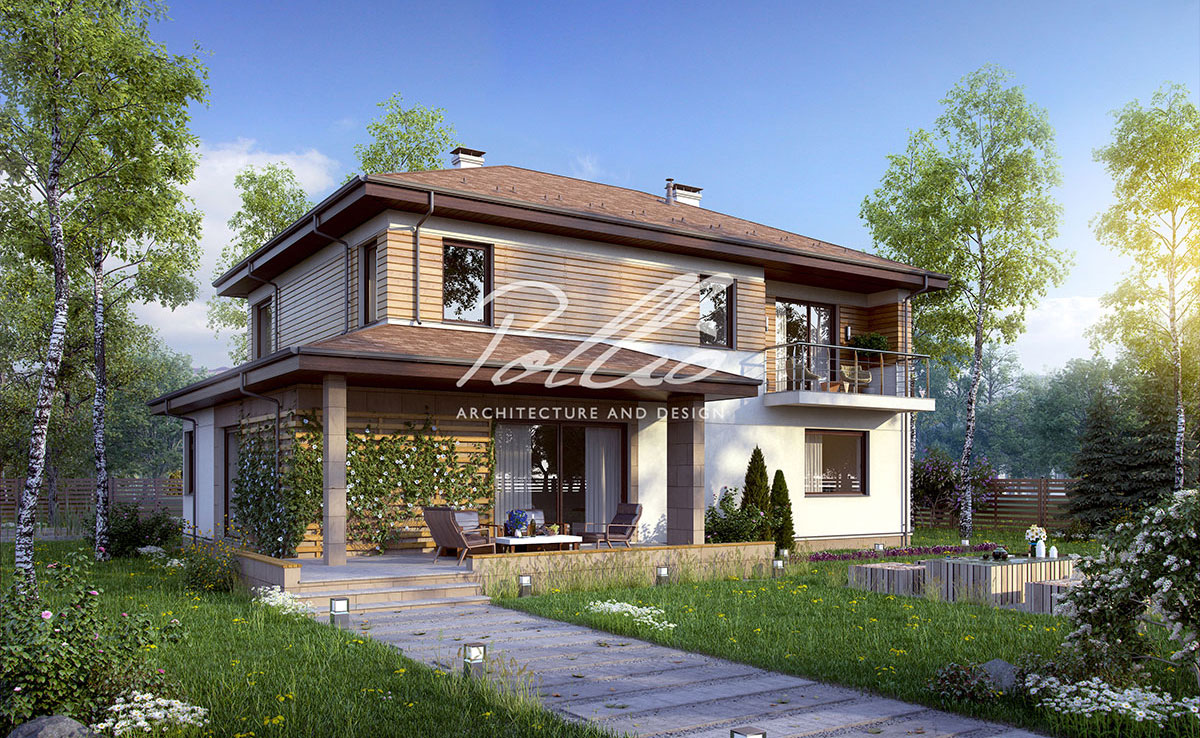 Dviejų aukštų namo projektas 234 m²: 3 Miegamieji, Darbo kambarys, 3 Vonios, Atvira virtuvė, Garažas