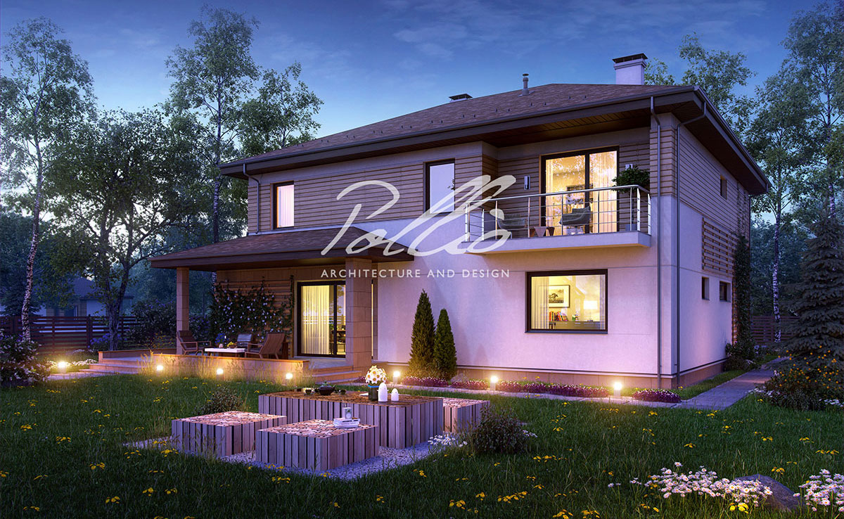 Dviejų aukštų namo projektas 234 m²: 3 Miegamieji, Darbo kambarys, 3 Vonios, Atvira virtuvė, Garažas