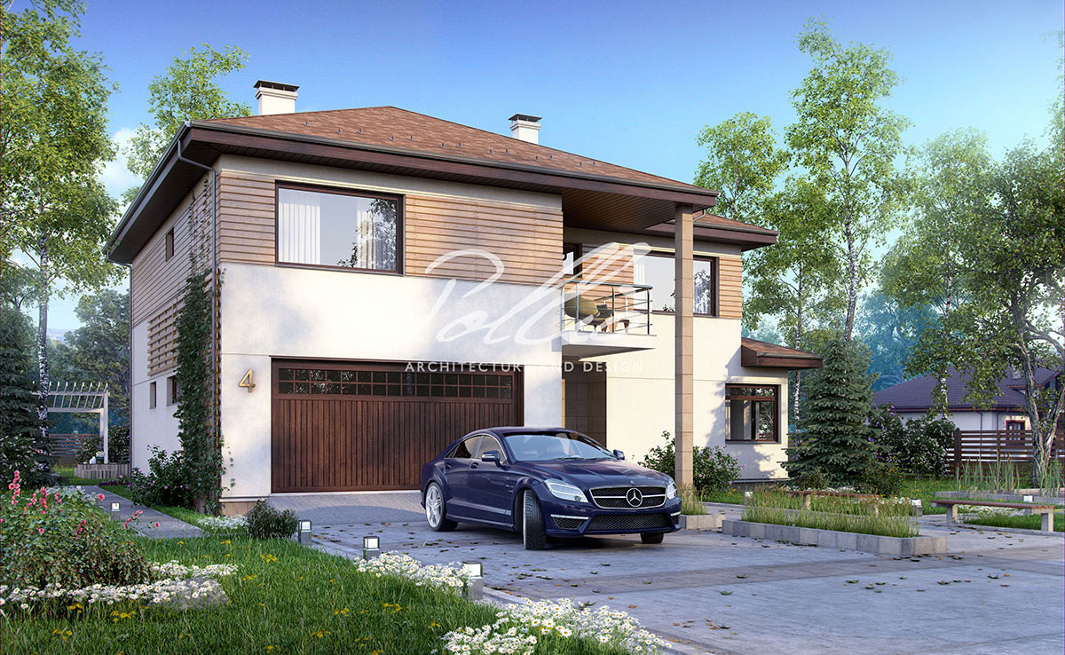 Dviejų aukštų namo projektas 234 m²: 3 Miegamieji, Darbo kambarys, 3 Vonios, Atvira virtuvė, Garažas