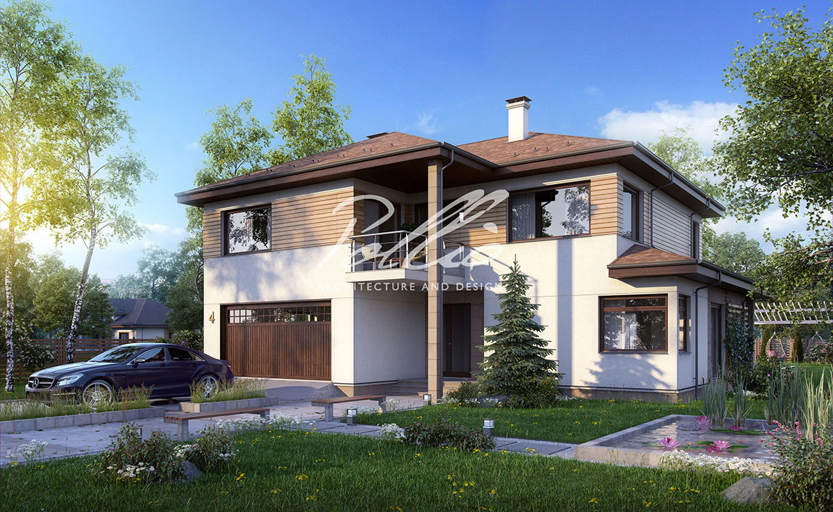 Dviejų aukštų namo projektas 234 m²: 3 Miegamieji, Darbo kambarys, 3 Vonios, Atvira virtuvė, Garažas