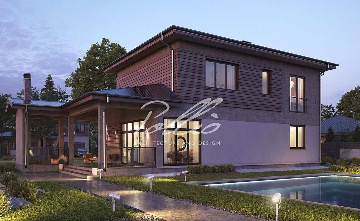 Dviejų aukštų namo projektas 236 m²: 4 Miegamieji, Darbo kambarys, 3 Vonios, Atvira virtuvė, Garažas