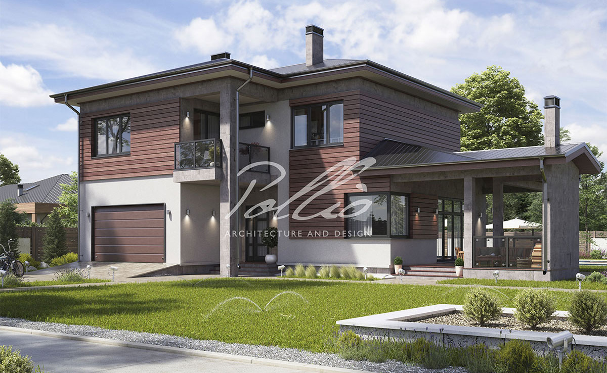 Dviejų aukštų namo projektas 236 m²: 4 Miegamieji, Darbo kambarys, 3 Vonios, Atvira virtuvė, Garažas