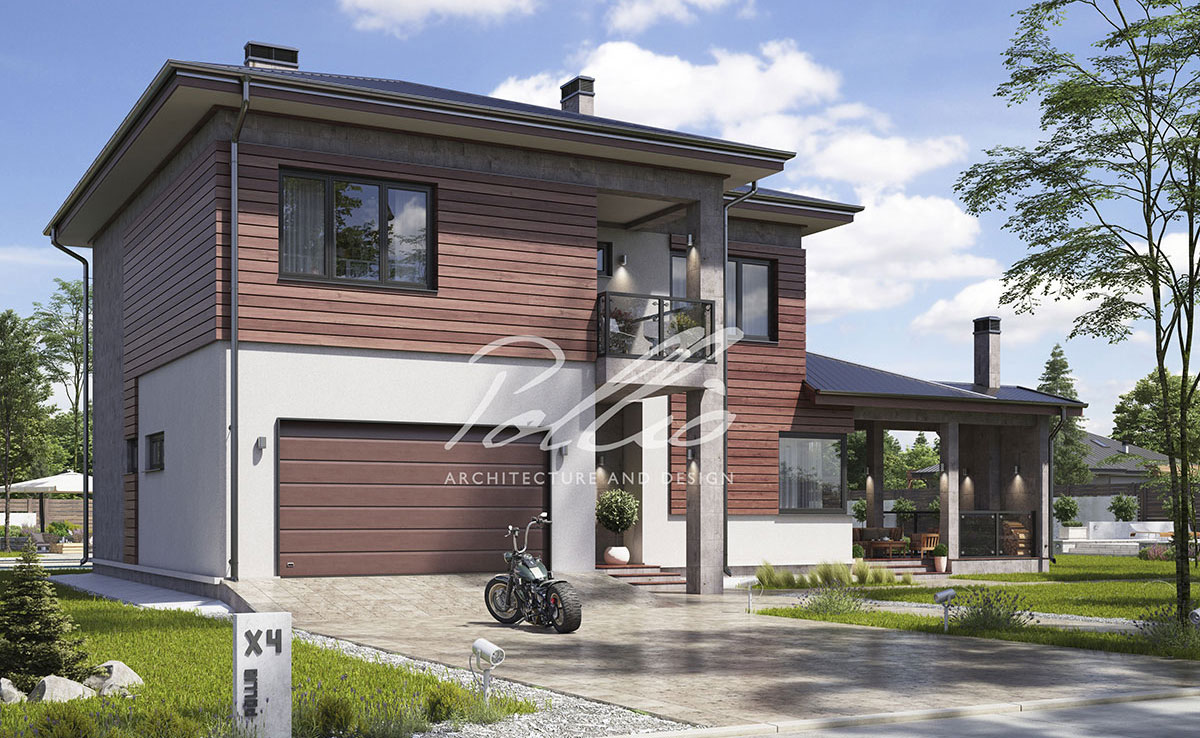 Dviejų aukštų namo projektas 236 m²: 4 Miegamieji, Darbo kambarys, 3 Vonios, Atvira virtuvė, Garažas