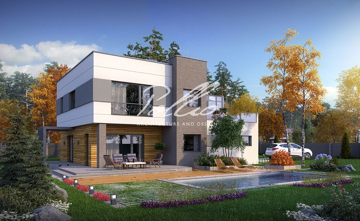 Dviejų aukštų namo projektas 216 m²: 3 Miegamieji, Darbo kambarys, 3 Vonios, Atvira virtuvė, Garažas