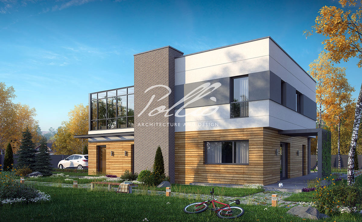 Dviejų aukštų namo projektas 216 m²: 3 Miegamieji, Darbo kambarys, 3 Vonios, Atvira virtuvė, Garažas