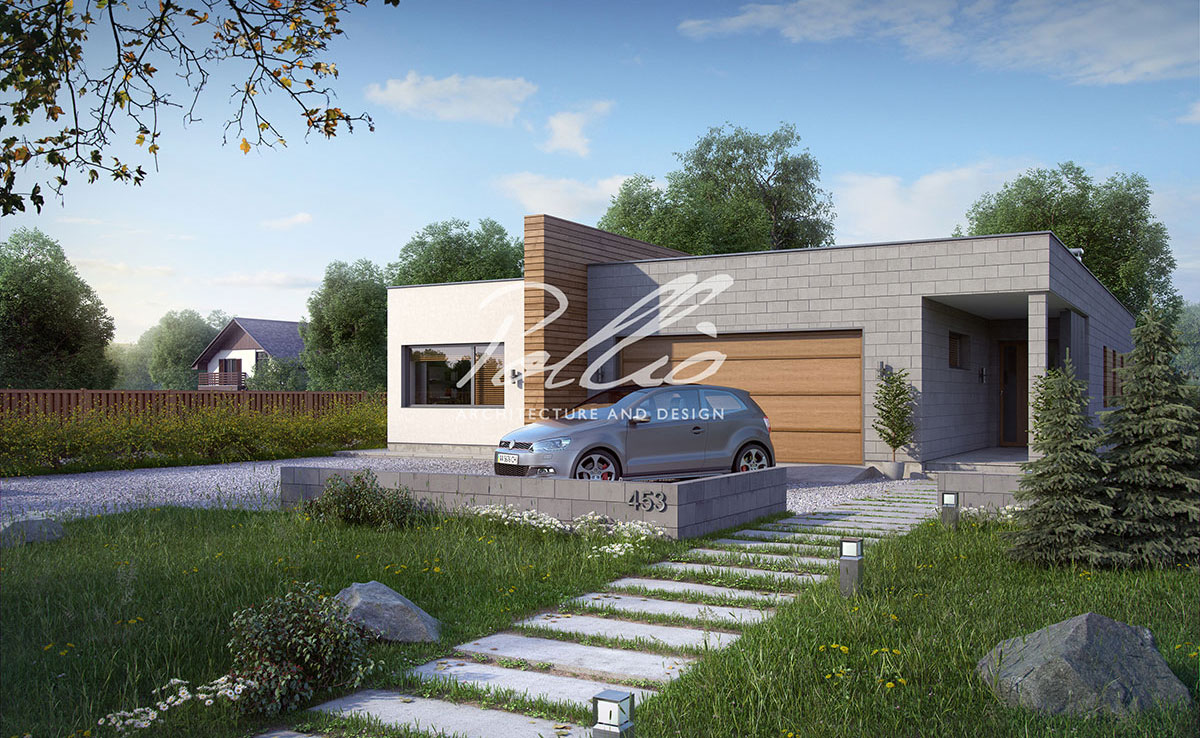 Vieno aukšto namo projektas 203 m²: 3 Miegamieji, Darbo kambarys, 3 Vonios, Atvira virtuvė, Garažas