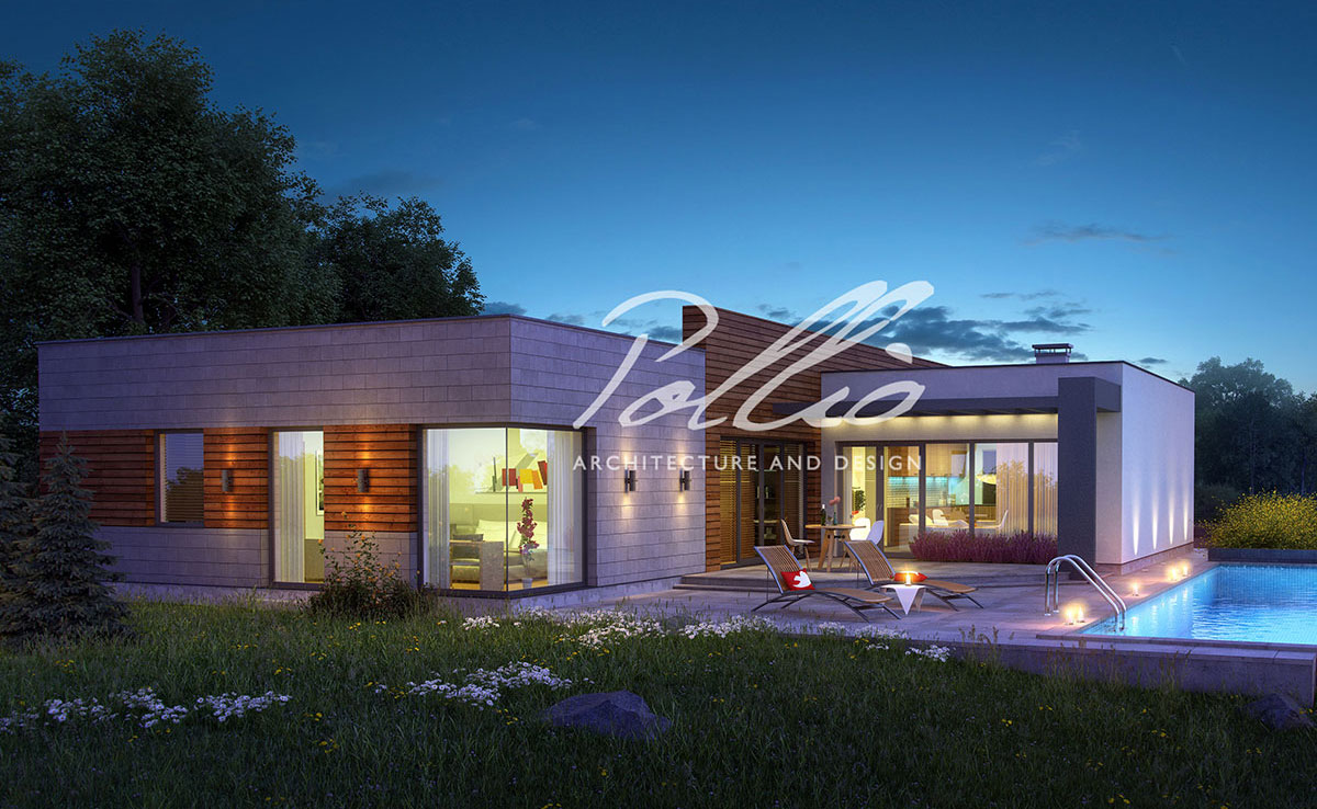 Vieno aukšto namo projektas 203 m²: 3 Miegamieji, Darbo kambarys, 3 Vonios, Atvira virtuvė, Garažas