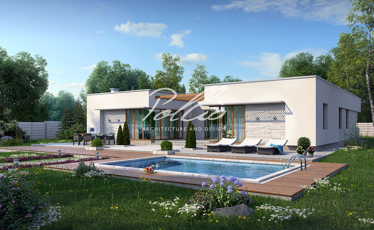 Vieno aukšto namo projektas 233 m²: 3 Miegamieji, Darbo kambarys, 3 Vonios, Atvira virtuvė, Garažas