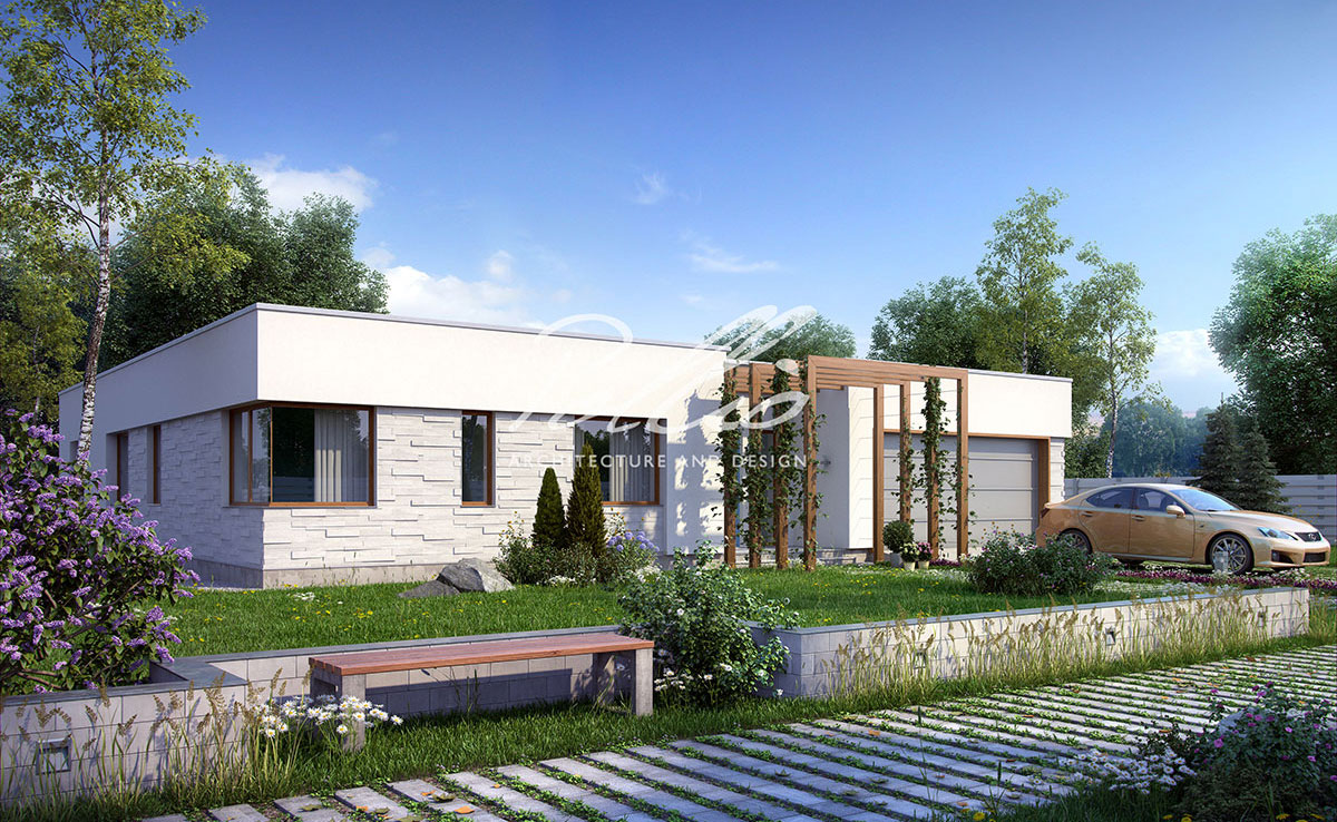 Vieno aukšto namo projektas 233 m²: 3 Miegamieji, Darbo kambarys, 3 Vonios, Atvira virtuvė, Garažas