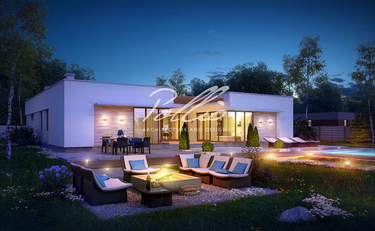 Vieno aukšto namo projektas 233 m²: 3 Miegamieji, Darbo kambarys, 3 Vonios, Atvira virtuvė, Garažas