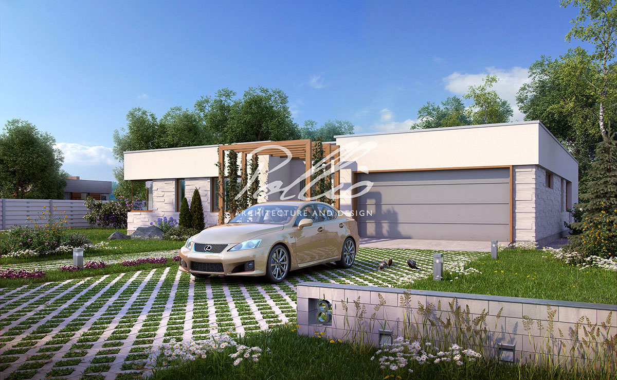 Vieno aukšto namo projektas 233 m²: 3 Miegamieji, Darbo kambarys, 3 Vonios, Atvira virtuvė, Garažas