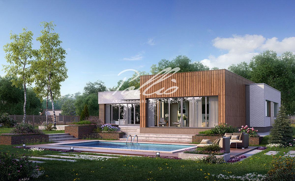 Vieno aukšto namo projektas 217 m²: 3 Miegamieji, Darbo kambarys, 4 Vonios, Atvira virtuvė, be Garažo