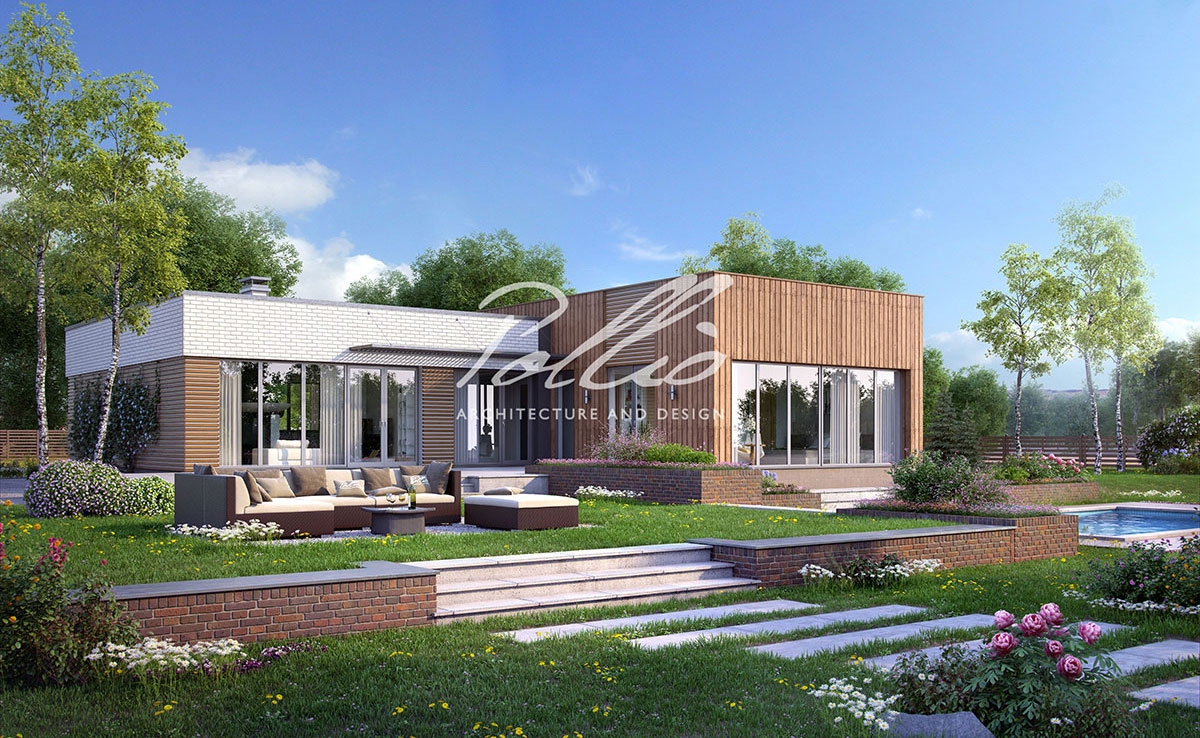 Vieno aukšto namo projektas 217 m²: 3 Miegamieji, Darbo kambarys, 4 Vonios, Atvira virtuvė, be Garažo