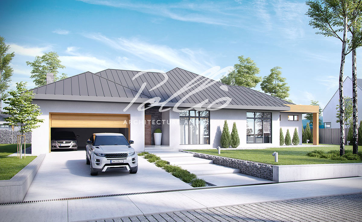 Vieno aukšto namo projektas 260 m²: 3 Miegamieji, Darbo kambarys, 3 Vonios, Atvira virtuvė, Garažas