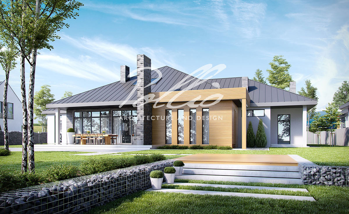 Vieno aukšto namo projektas 260 m²: 3 Miegamieji, Darbo kambarys, 3 Vonios, Atvira virtuvė, Garažas