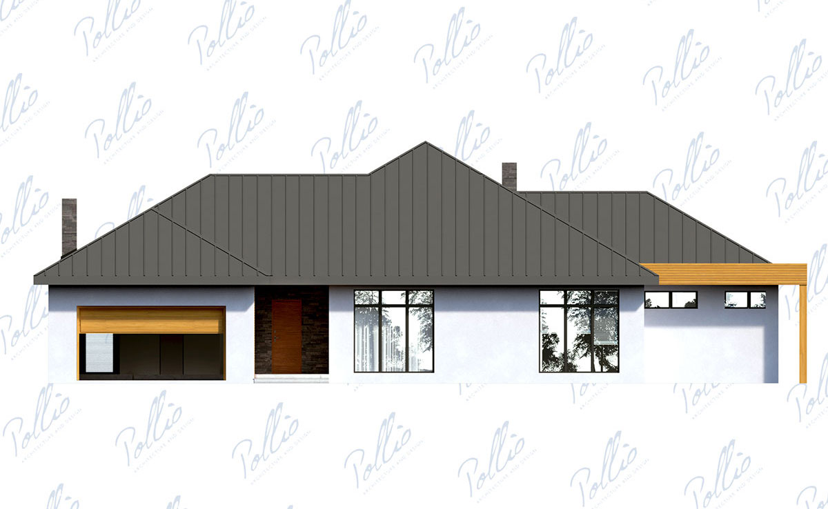 Vieno aukšto namo projektas 260 m²: 3 Miegamieji, Darbo kambarys, 3 Vonios, Atvira virtuvė, Garažas