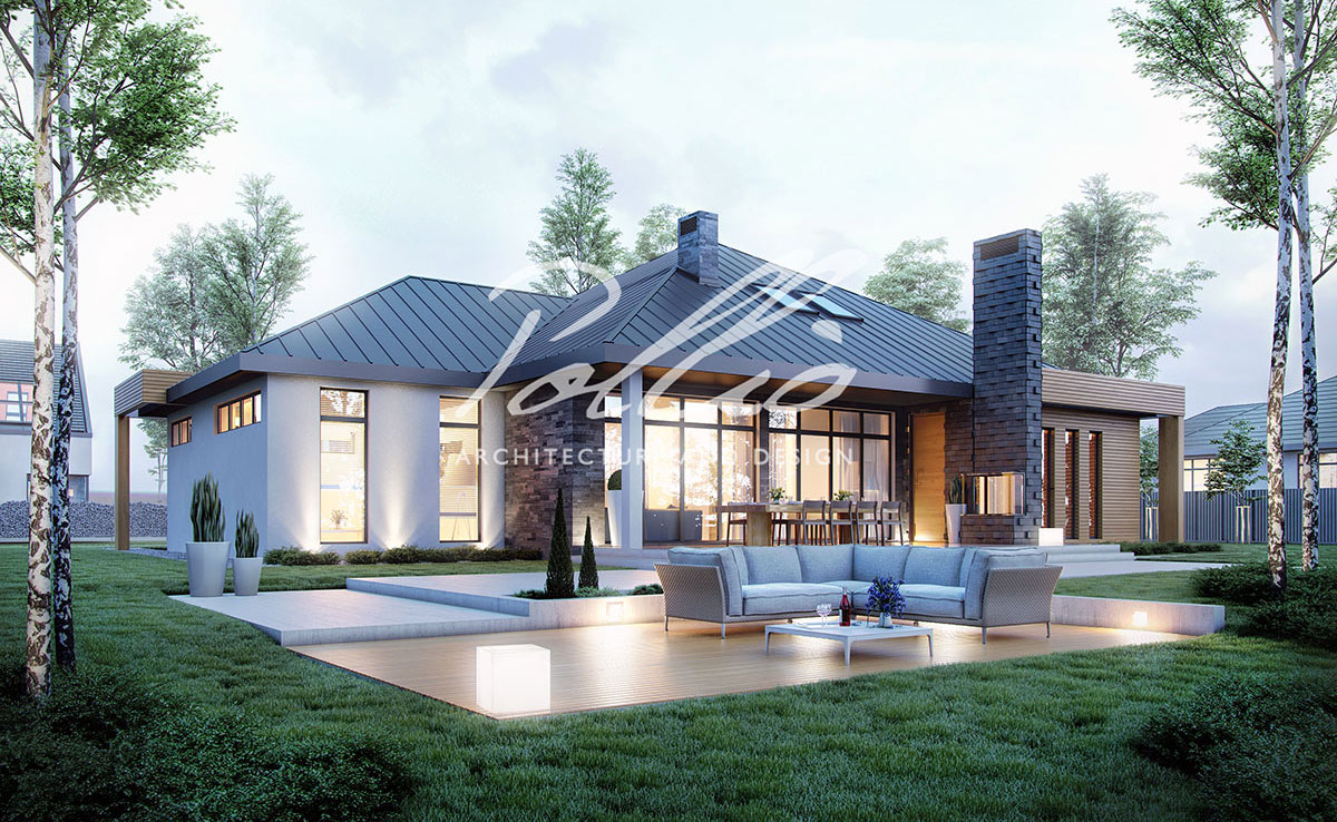 Vieno aukšto namo projektas 260 m²: 3 Miegamieji, Darbo kambarys, 3 Vonios, Atvira virtuvė, Garažas