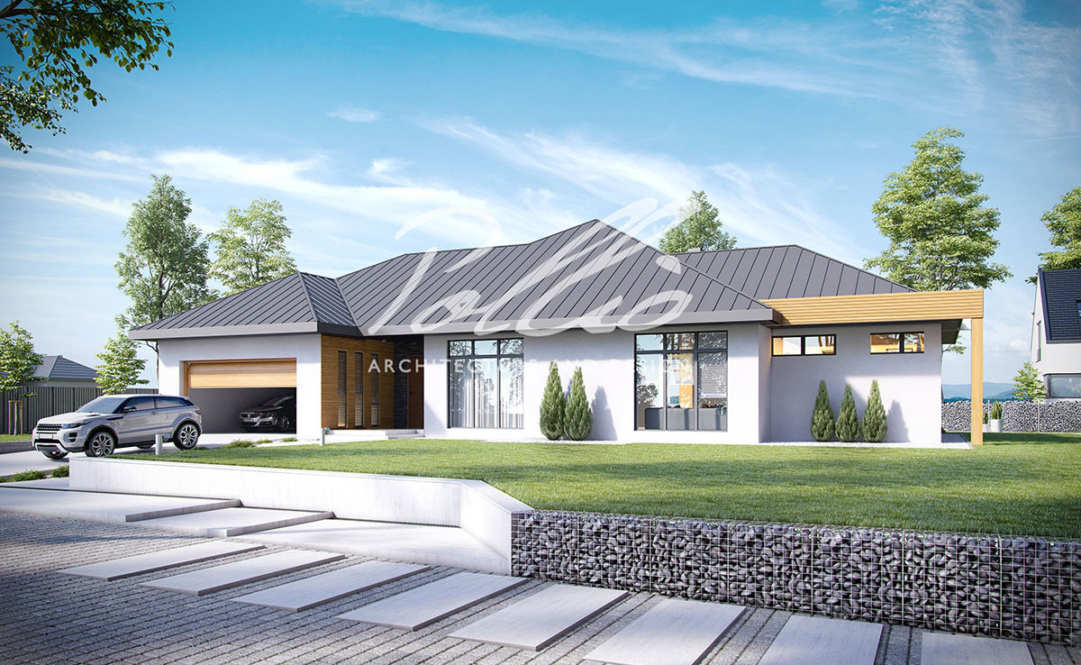 Vieno aukšto namo projektas 260 m²: 3 Miegamieji, Darbo kambarys, 3 Vonios, Atvira virtuvė, Garažas