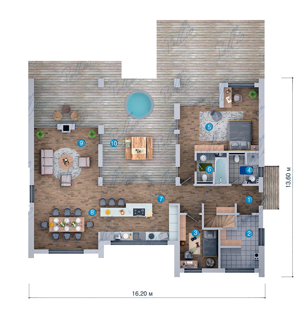 Namo projektas su mansarda 132 m²: 3 Miegamieji, 2 Vonios, Atvira virtuvė, be Garažo