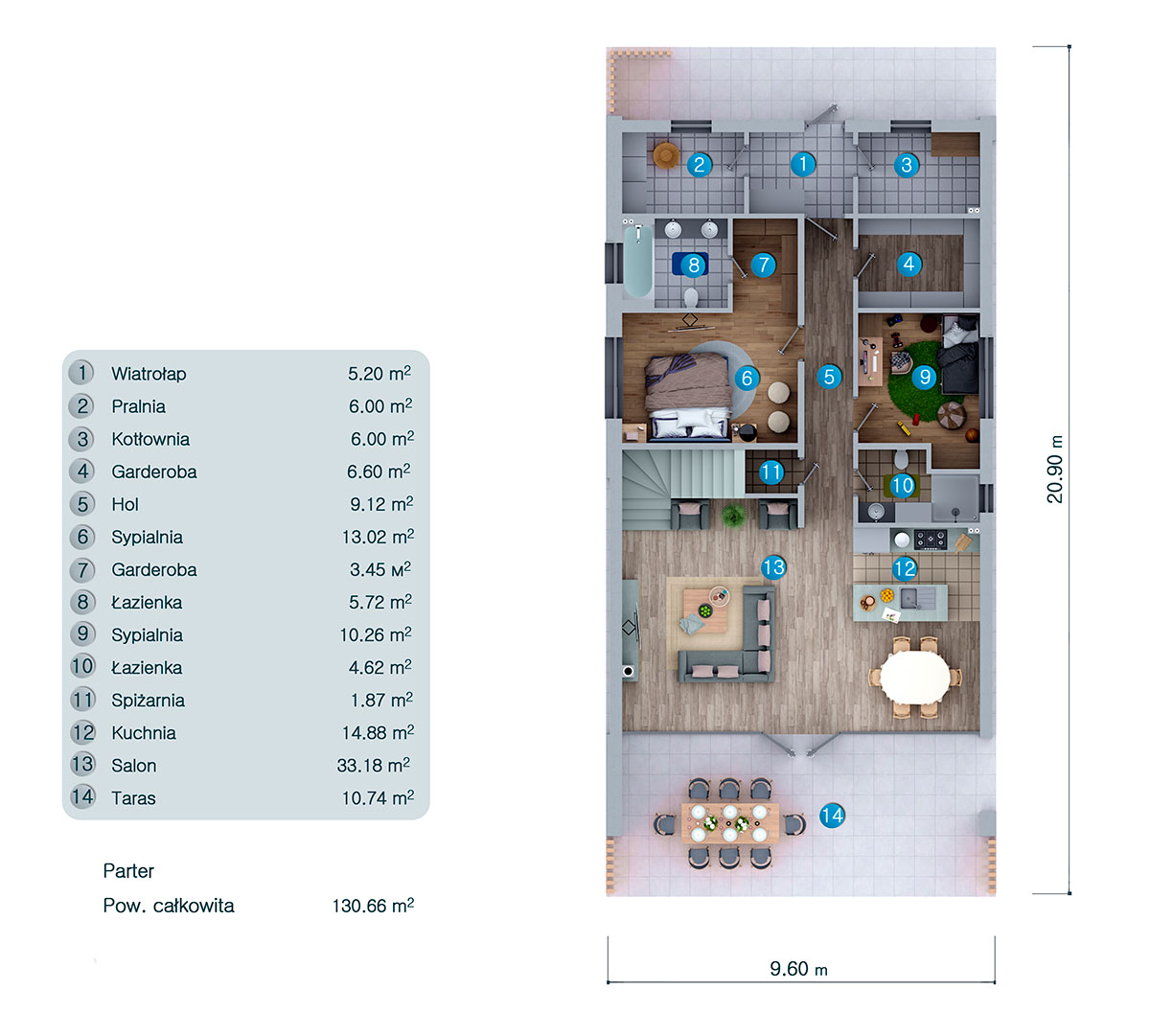 Namo projektas su mansarda 195 m²: 4 Miegamieji, 2 Vonios, Atvira virtuvė, be Garažo